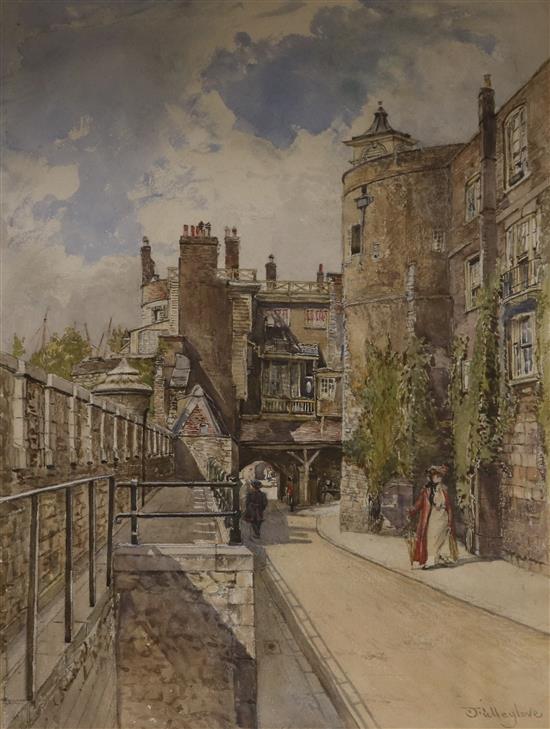 J.Tulleylove, watercolour, street scene of Tower of London 36 x 27cm